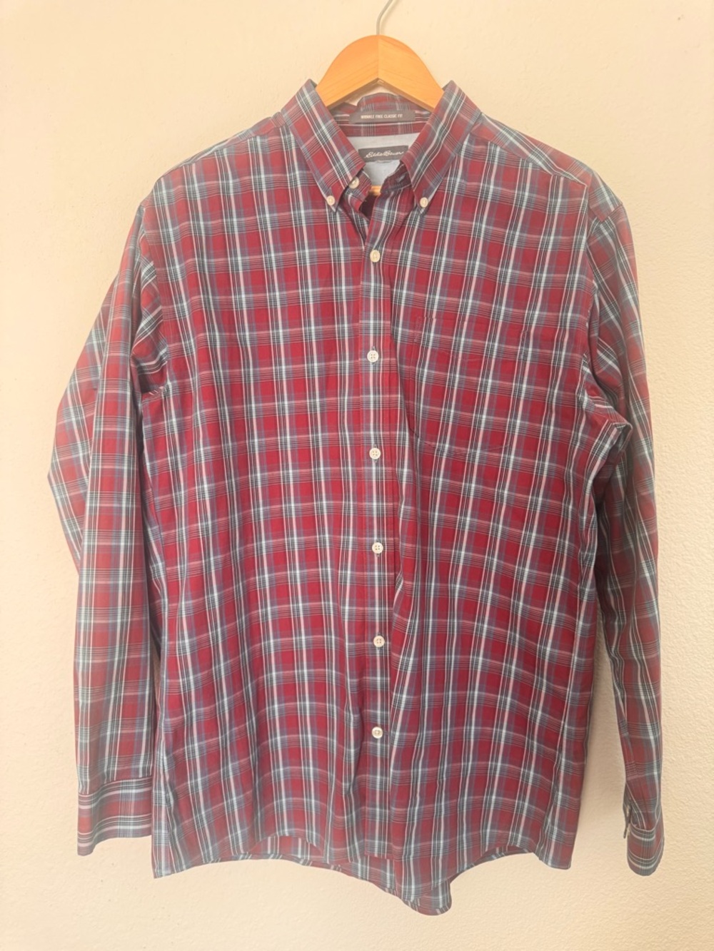 Eddie Bauer Men's XL Red & Blue Plaid Button-Down Oxford Shirt - Business Attire